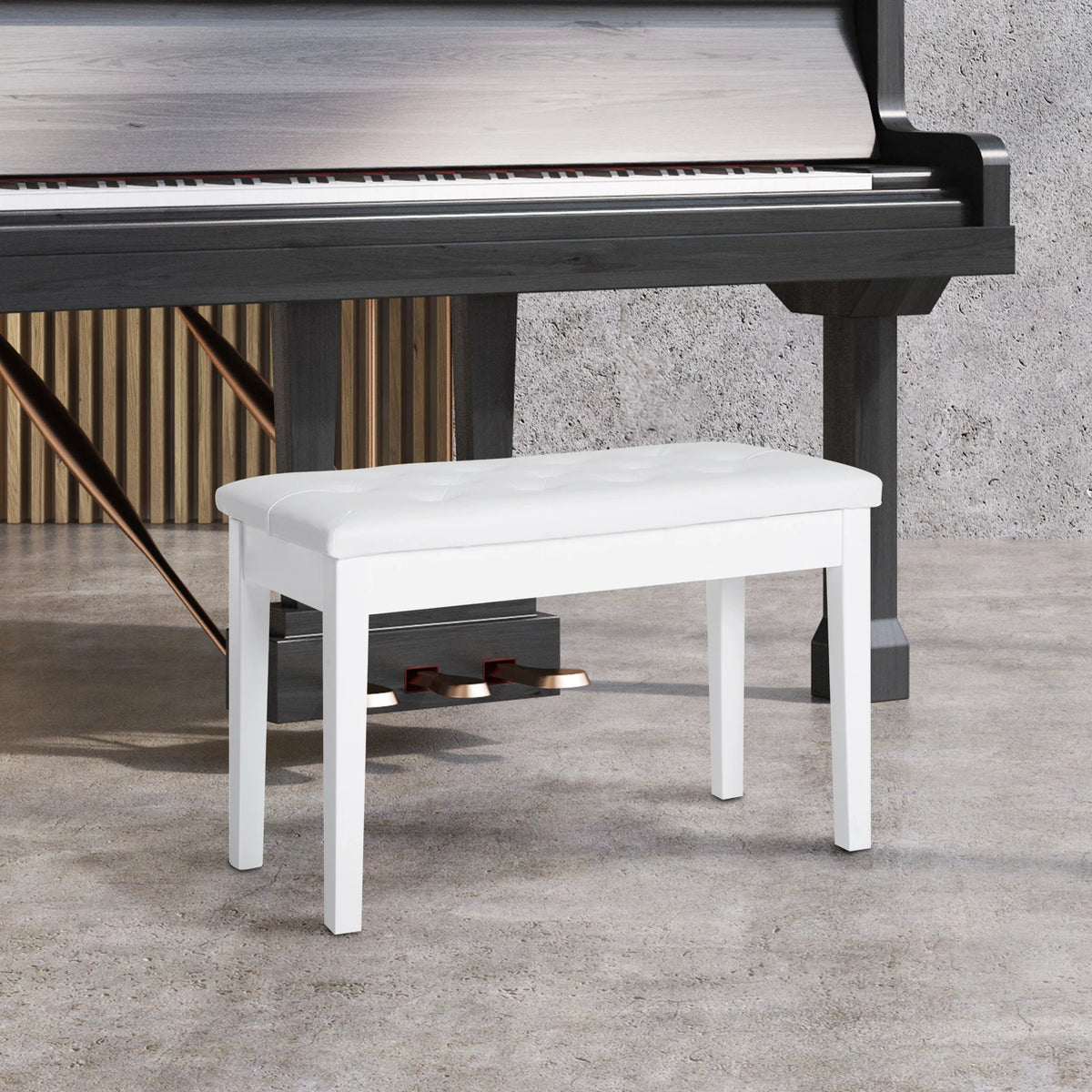 Klassische Doppel Klavierbank Weiß mit Stauraum – Zweisitzer Pianohocker Massivholz