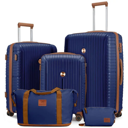 Kofferset 5-teilig Hartschale Schwarz – Koffer Set mit TSA Schloss 360 Rollen Reisetasche & Kulturbeutel