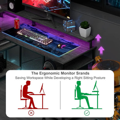 L-förmiger Gaming Schreibtisch LED Schwarz 140 cm – Eckschreibtisch mit Steckdosen & Monitoraufsatz