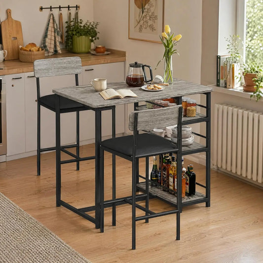Modernes Stehtisch Set mit 2 Barhockern – Kompakte Esstisch Garnitur mit Regal für Küche
