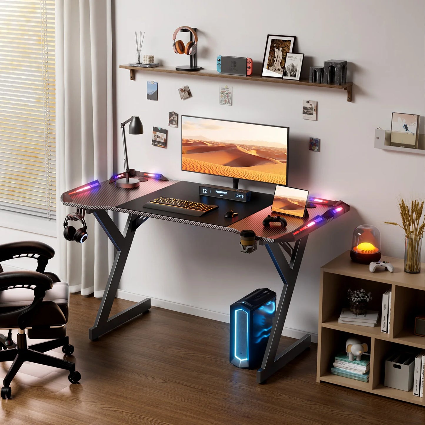 Gaming Schreibtisch LED Schwarz 120 cm – Ergonomischer PC Tisch mit Haken & Becherhalter
