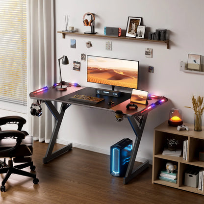 Gaming Schreibtisch LED Schwarz 120 cm – Ergonomischer PC Tisch mit Haken & Becherhalter