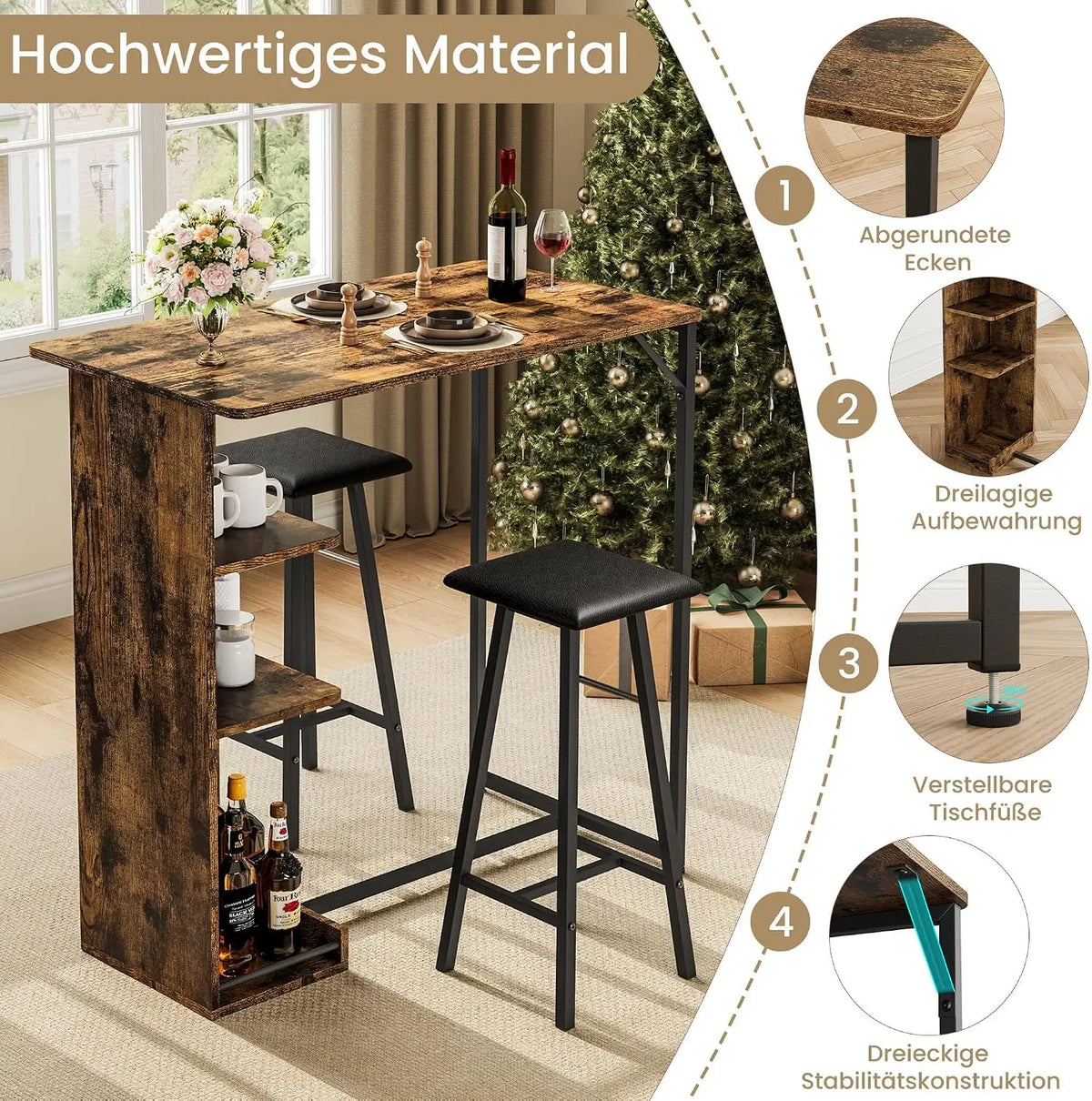 Esstisch Garnitur mit 2 Hocker – Stehtisch Set Holz & Metall mit Regal für die Küche