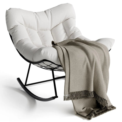 Garten Schaukelstuhl mit Hocker Beige – Wetterfester Rattan Polstersessel fuer Outdoor, Balkon & Terrasse bis 136kg