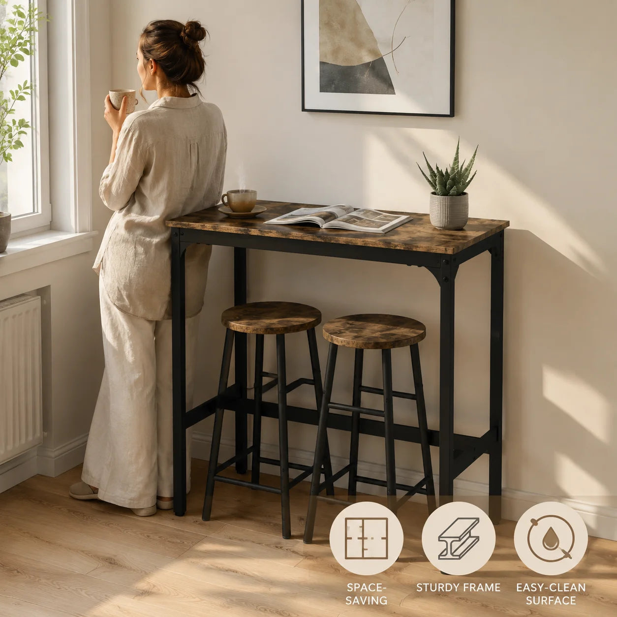 Bartisch Set 3-teilig mit 2 Barhockern Schwarz – Kompakte Essgruppe im Holzlook 80x60cm