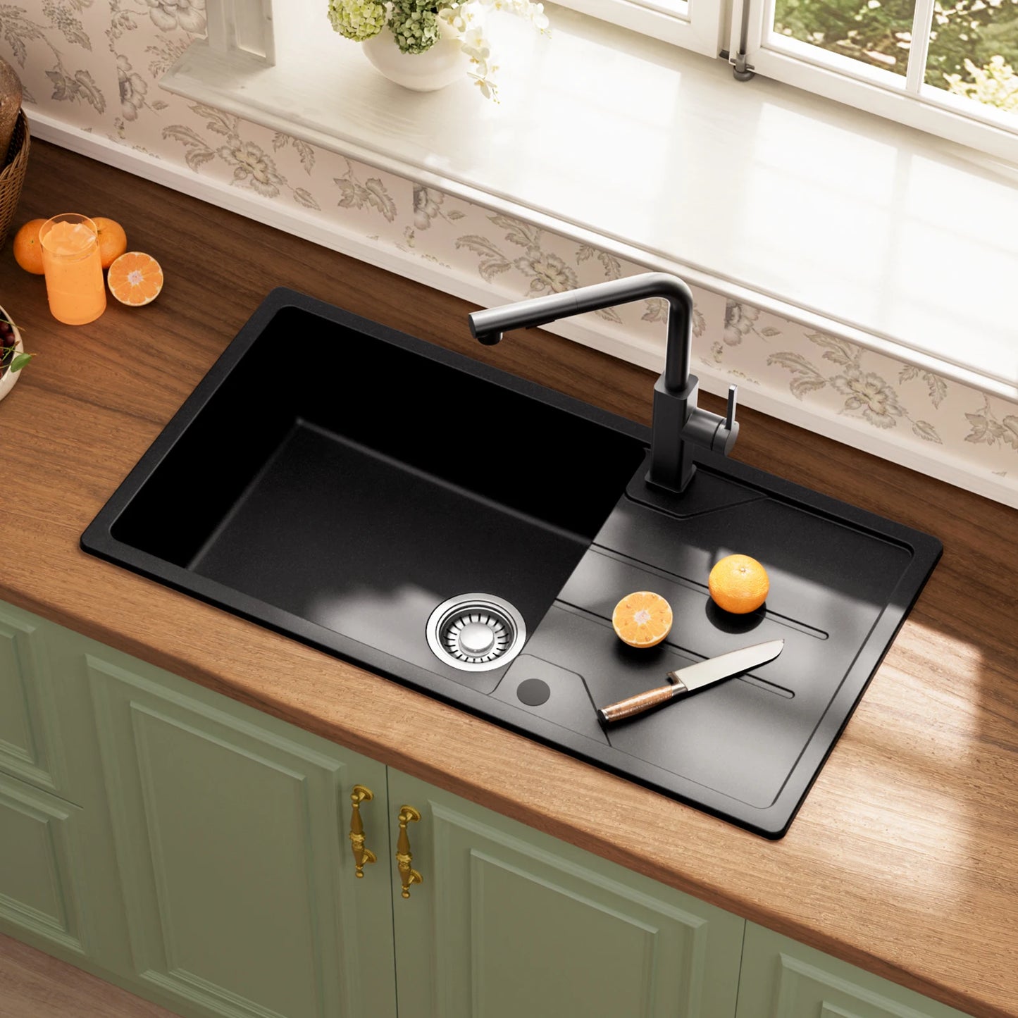 Granit Spülbecken Schwarz 86x45cm mit Siphon – Quarz Einbauspüle Einzelbecken