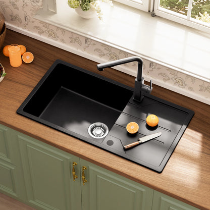 Granit Spülbecken Schwarz 86x45cm mit Siphon – Quarz Einbauspüle Einzelbecken