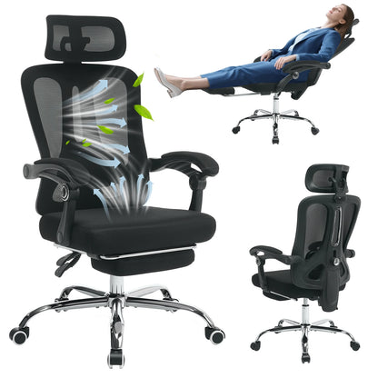 Buerostuhl Ergonomisch Schwarz – Netz Drehstuhl mit Fussstütze, 3D Kopfstütze & Klappbaren Armlehnen bis 150kg