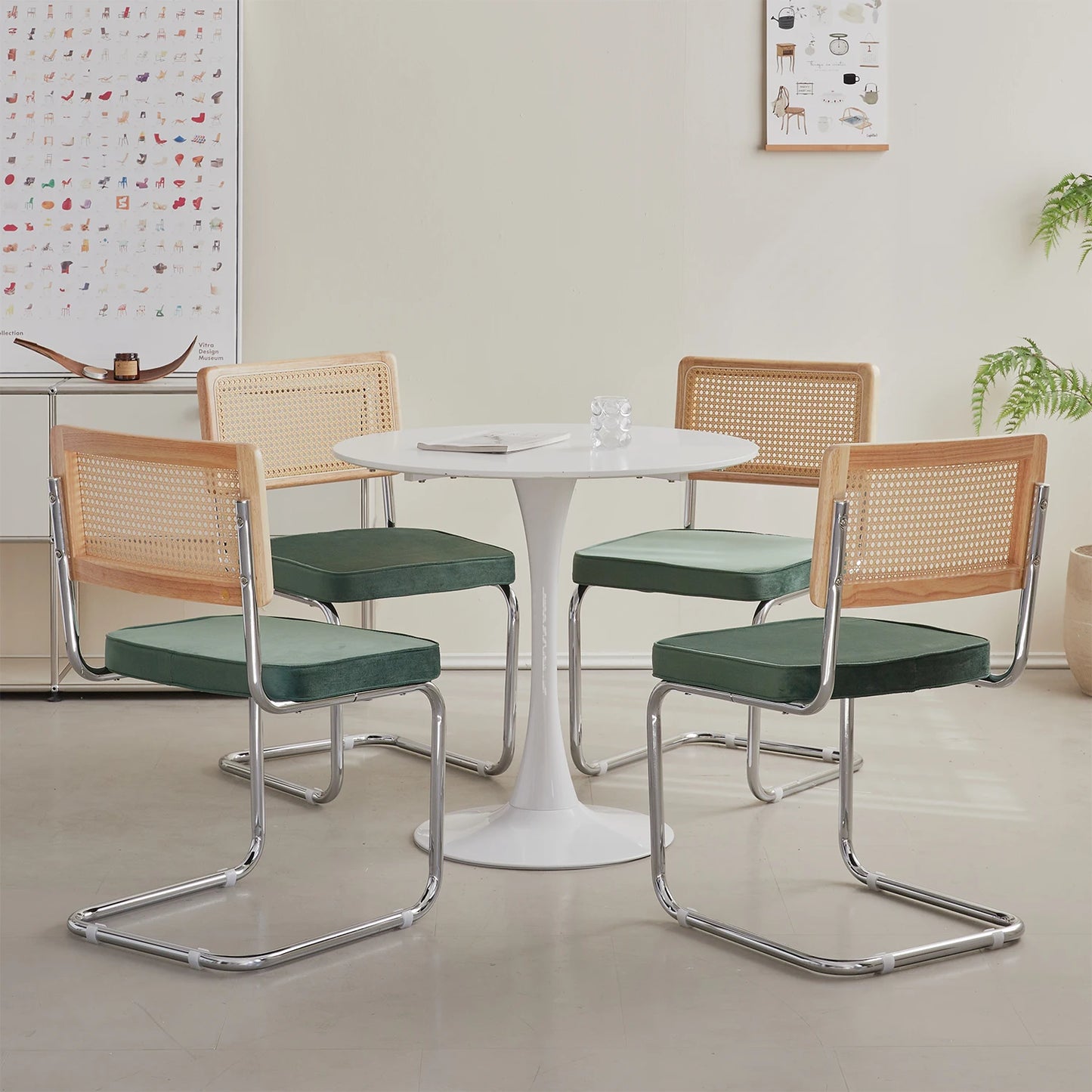 Freischwinger 2er Set Modern – Polsterstuhl Set aus Teddy-Samt & Rattan-Rueckenlehne mit Metallgestell