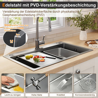 Edelstahl Spülbecken 75x45cm Wasserfall mit Schneidebrett – PVD Einbauspüle Einzelbecken
