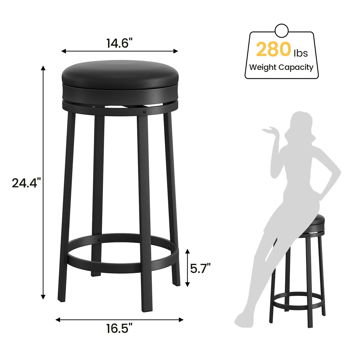 24'' Swivel Bar Stools Backless Modern Counter Height Barstools with PU Leather Upholstered and Metal Frame for Kitchen Island