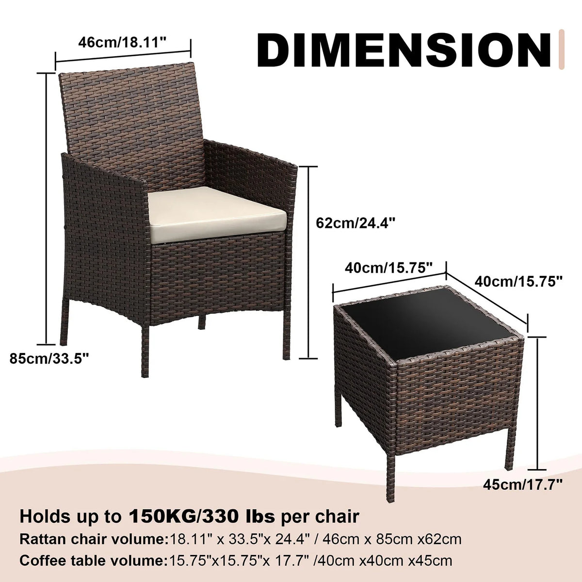 Balkonset 3-Teilig Schwarz – Wetterfeste Polyrattan Sitzgruppe mit Kissen & Glastisch fuer Balkon, Terrasse & Garten