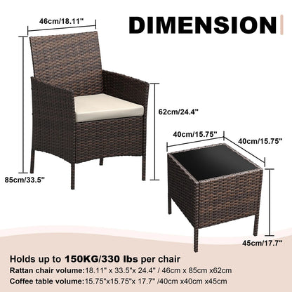 Balkonset 3-Teilig Schwarz – Wetterfeste Polyrattan Sitzgruppe mit Kissen & Glastisch fuer Balkon, Terrasse & Garten