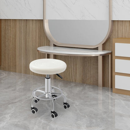 Arbeitshocker mit Rollen Weiss – Höhenverstellbarer Drehhocker aus Kunstleder fuer Kosmetikstudio, Salon & Praxis