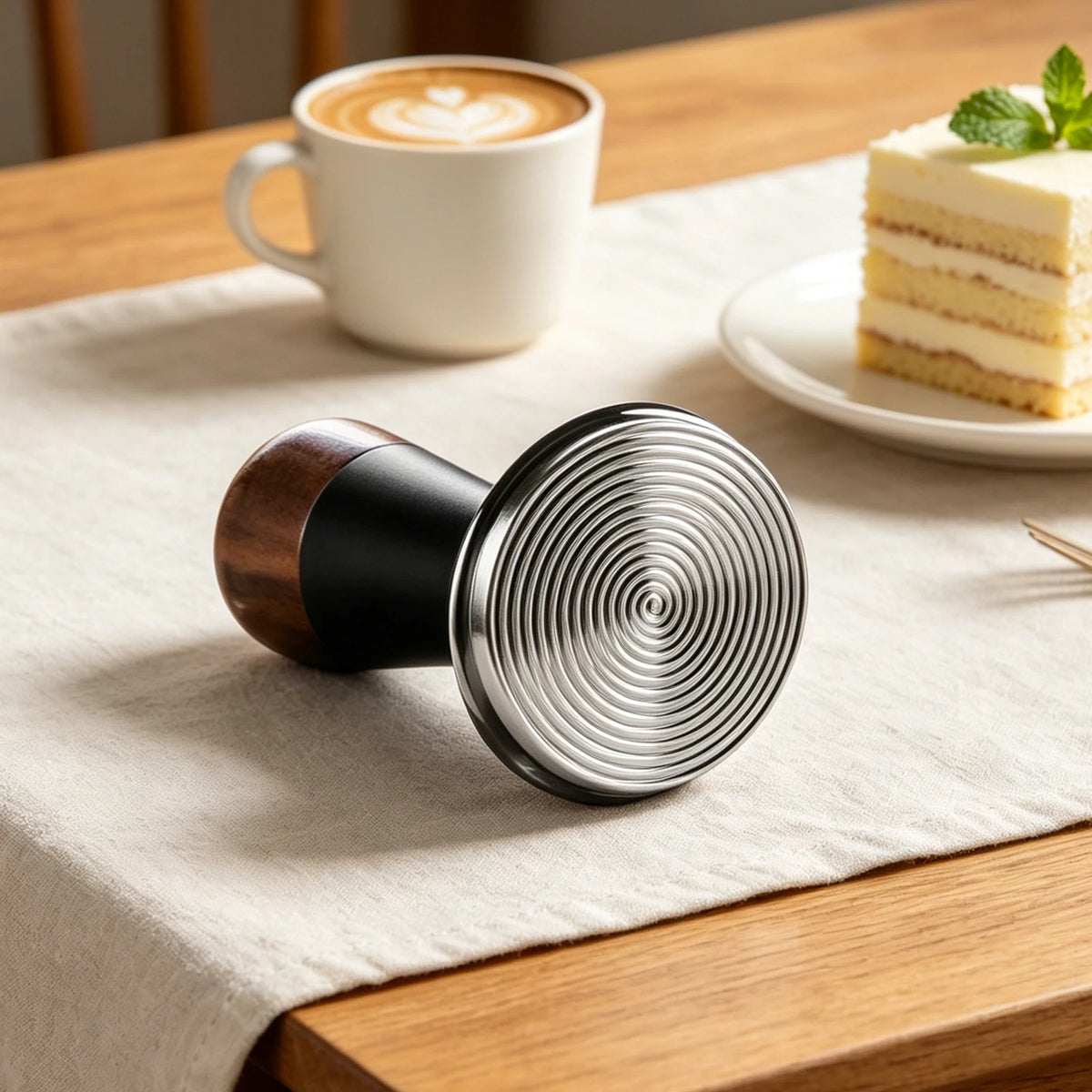 Walnuss Holz Tamper 51mm – Kalibrierter Espresso Kaffeestampfer aus Edelstahl mit Wellenprofil
