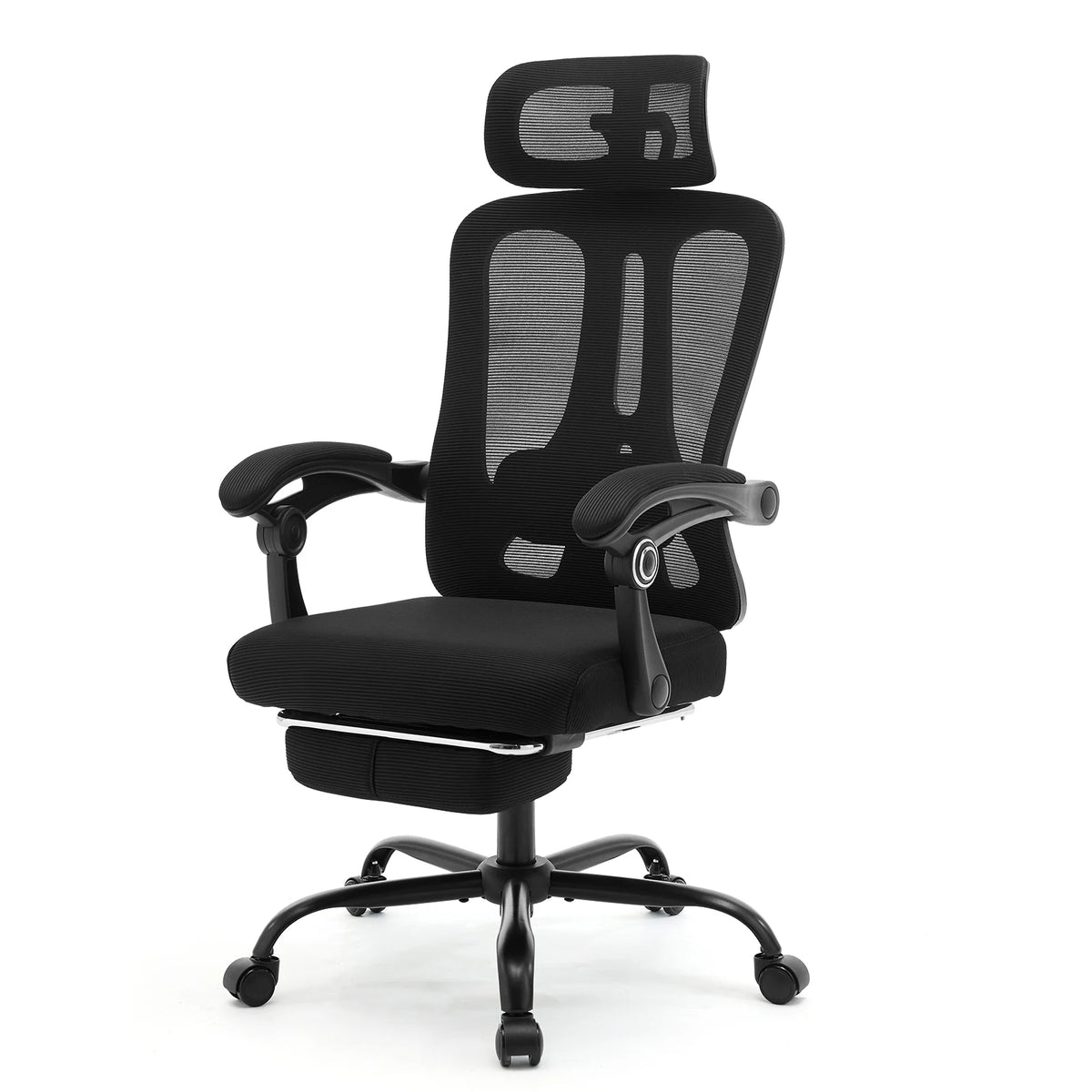 Buerostuhl Ergonomisch Schwarz – Netz Drehstuhl mit Fussstütze, 3D Kopfstütze & Klappbaren Armlehnen bis 150kg