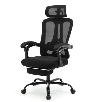 Buerostuhl Ergonomisch Schwarz – Netz Drehstuhl mit Fussstütze, 3D Kopfstütze & Klappbaren Armlehnen bis 150kg