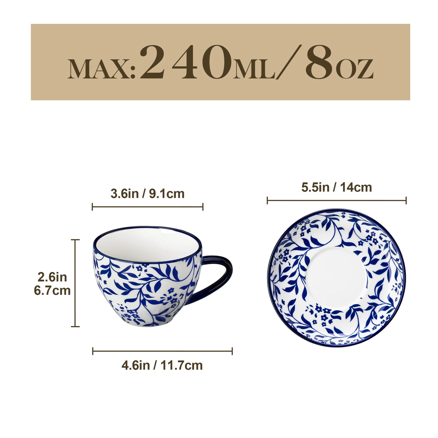 Keramik Tassen Set 4-teilig Blau – Elegante Cappuccinotassen mit Untertassen