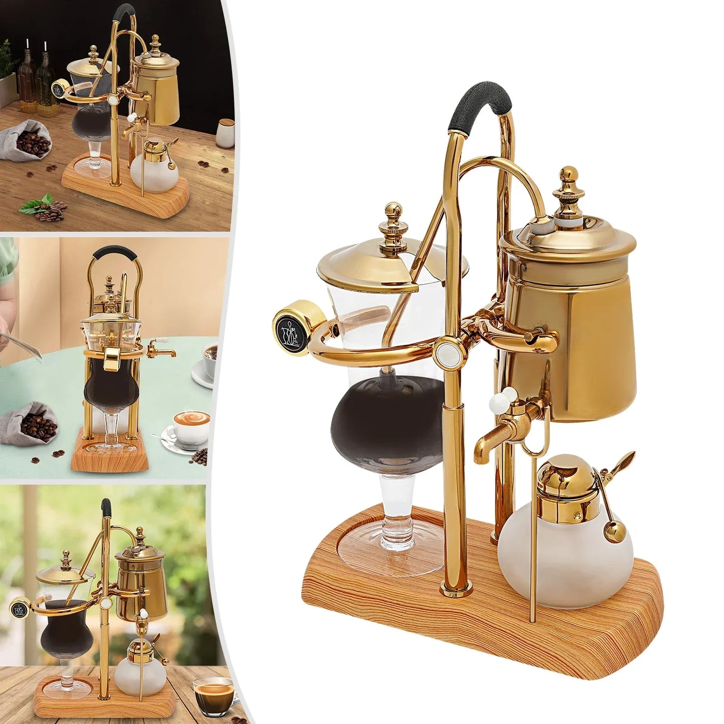 Belgische Siphon Kaffeemaschine Gold – Royale Belgische Kaffee-Siphon aus Edelstahl & Borosilikatglas