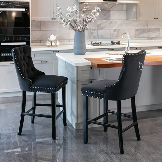Moderne Samt Barhocker 2er Set mit Nietendekor – Elegante Tresenstühle aus Massivholz