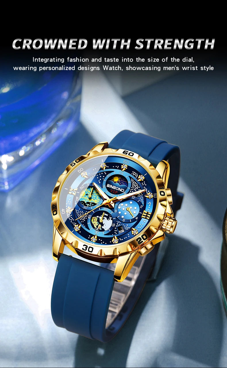 BINBOND Luxus Herrenuhr Blau – Wasserdichte Quarz Armbanduhr mit Chronograph & Datum