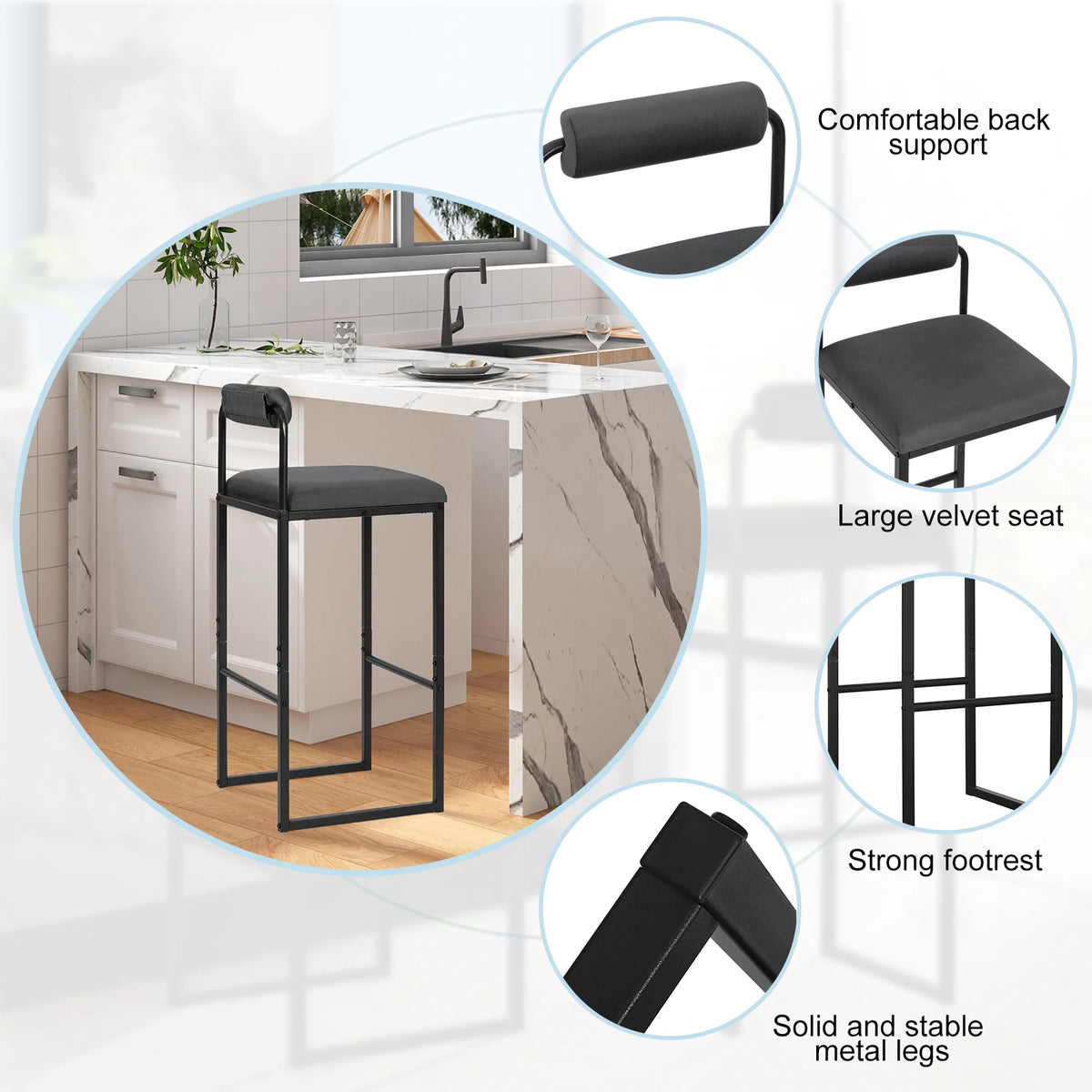 Barhocker 2er Set Samt Dunkelgrau – Ergonomische Tresenstühle 75cm Sitzhöhe mit Metallgestell