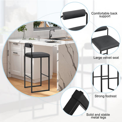 Barhocker 2er Set Samt Dunkelgrau – Ergonomische Tresenstühle 75cm Sitzhöhe mit Metallgestell