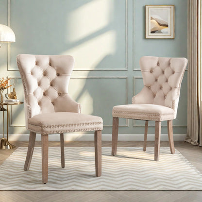 Esszimmerstuhl 2er Set Beige Samt – Elegantes Polsterstuhl Set mit Zugring & Silberknöpfen bis 150kg