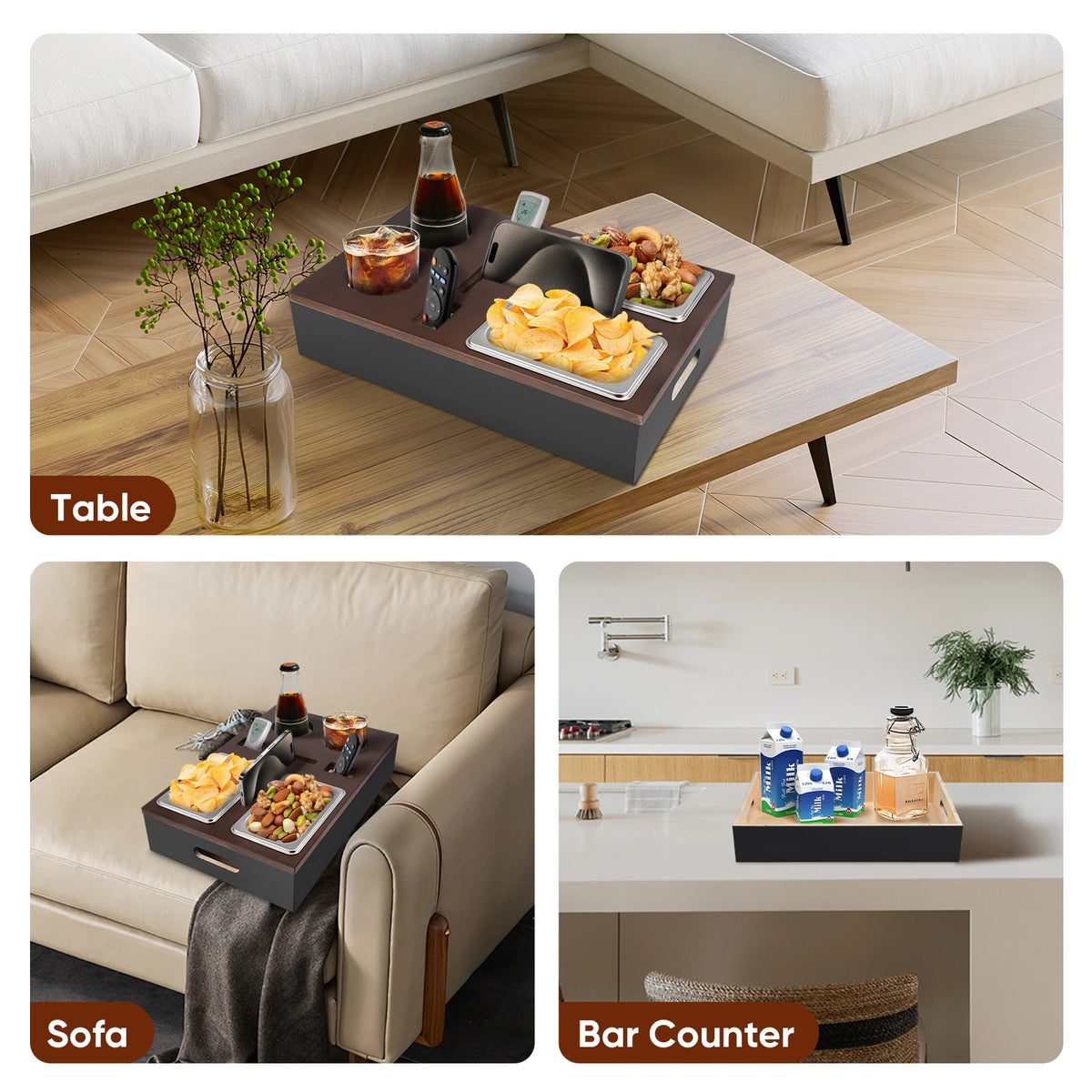 Bambus Sofatablett mit Snackschalen 41 cm – Praktische Sofa-Ablage mit Getränkehalter