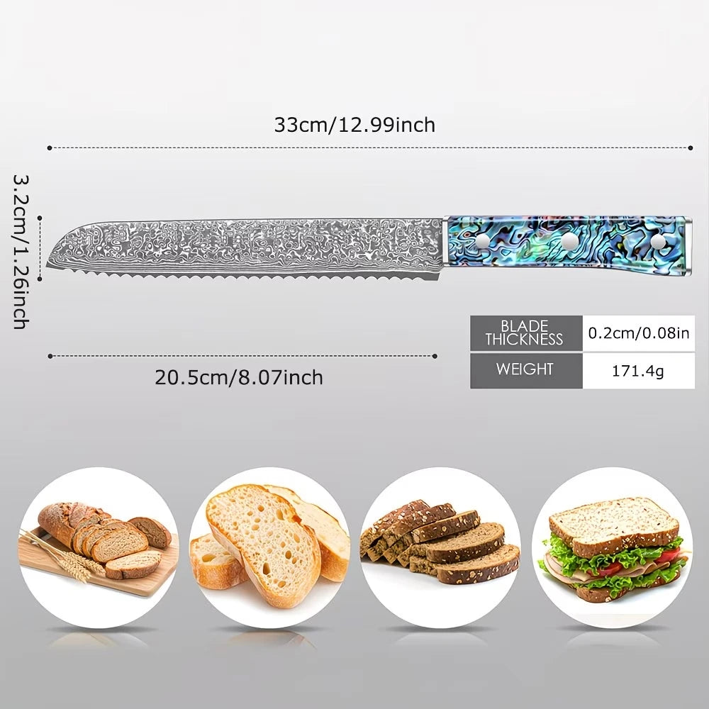 Damast Brotmesser mit VG10 Kern und Wellenschliff