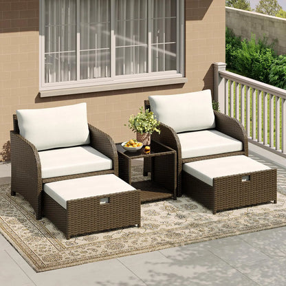 Gartenmoebel Set 5-Teilig Natur – Polyrattan Sitzgruppe mit Hocker, Kissen & Glastisch fuer Balkon, Terrasse & Garten