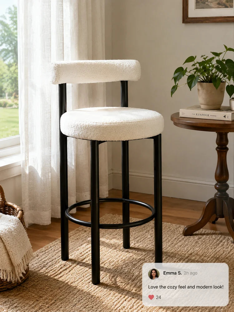 Barhocker 2er Set Bouclé Bambus 76cm – Moderne Tresenstühle mit Metallgestell für Kücheninsel