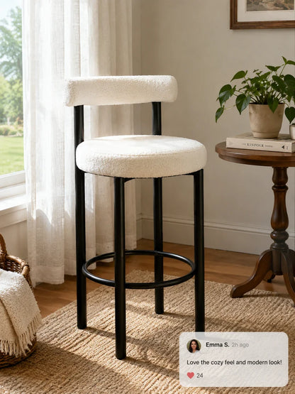 Barhocker 2er Set Bouclé Bambus 76cm – Moderne Tresenstühle mit Metallgestell für Kücheninsel