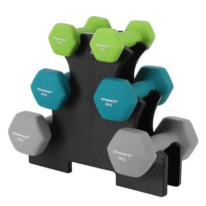 Kurzhantel Set 6er mit Hantelablage – Neopren Hanteln 1kg 2kg 3kg für Frauen & Homegym