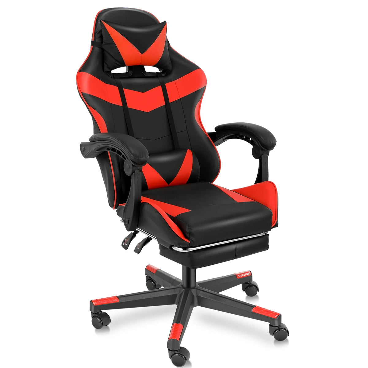 Gaming Stuhl Schwarz-Rot – Ergonomischer Gamer Stuhl mit Fussstütze, Lendenkissen & Kunstlederbezug bis 124cm