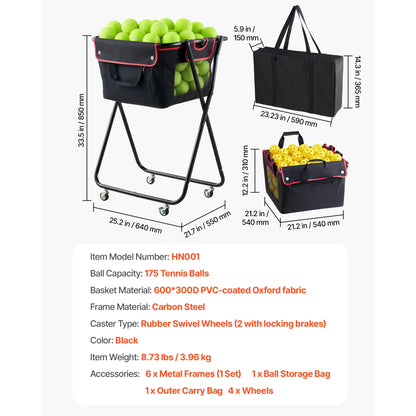 Ballwagen Tennis & Pickleball Klappbar – Ballkorb fuer 175 Baelle mit Rollen & Oxford Netz