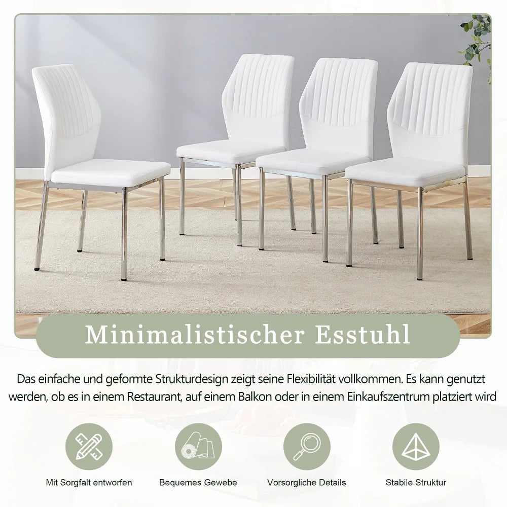 Esszimmerstuhl 4er Set Weiss – Modernes Polsterstuhl Set aus Kunstleder & Metallbeinen in Silber