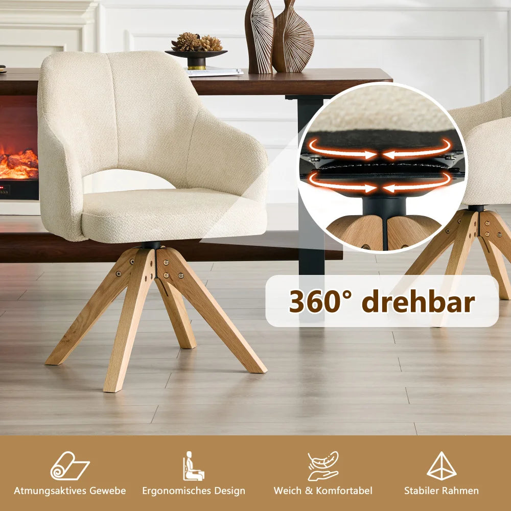 Drehbare Esszimmerstühle 2er Set Beige – Polsterstühle mit Massivholzbeinen & 360° Funktion