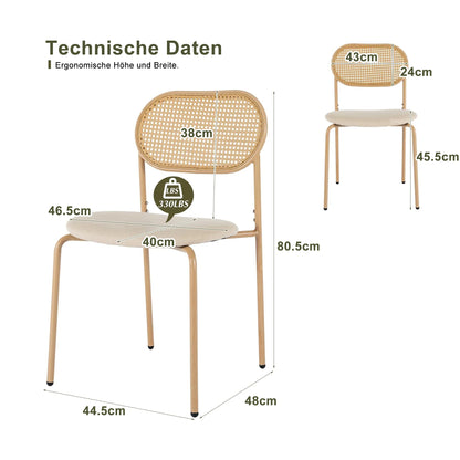 Esszimmerstuhl 2er Set Rattan – Modernes Polsterstuhl Set im Landhausstil mit Metallbeinen bis 150kg