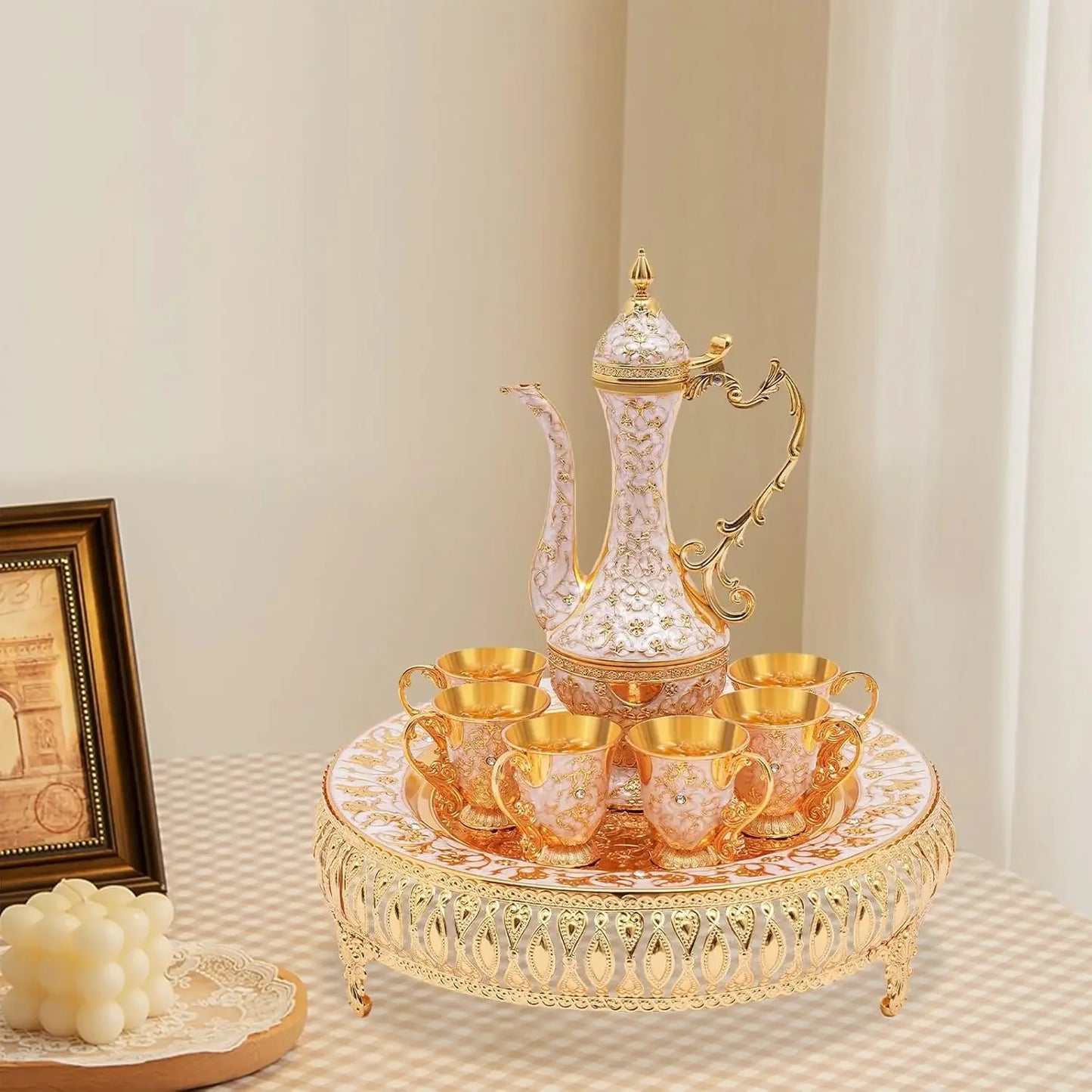 Orientales Tee-Set Vintage Gold & Blau 8-teilig – Edles Teeservice mit Serviertablett