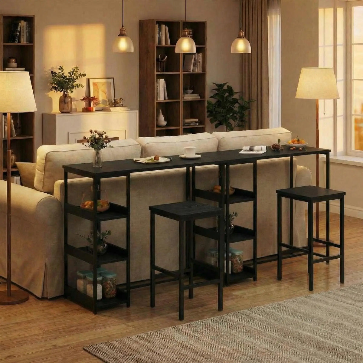 Bartisch Set 3-teilig mit 2 Hockern & Stauraum – Kompakte Sitzgruppe aus Metall & MDF