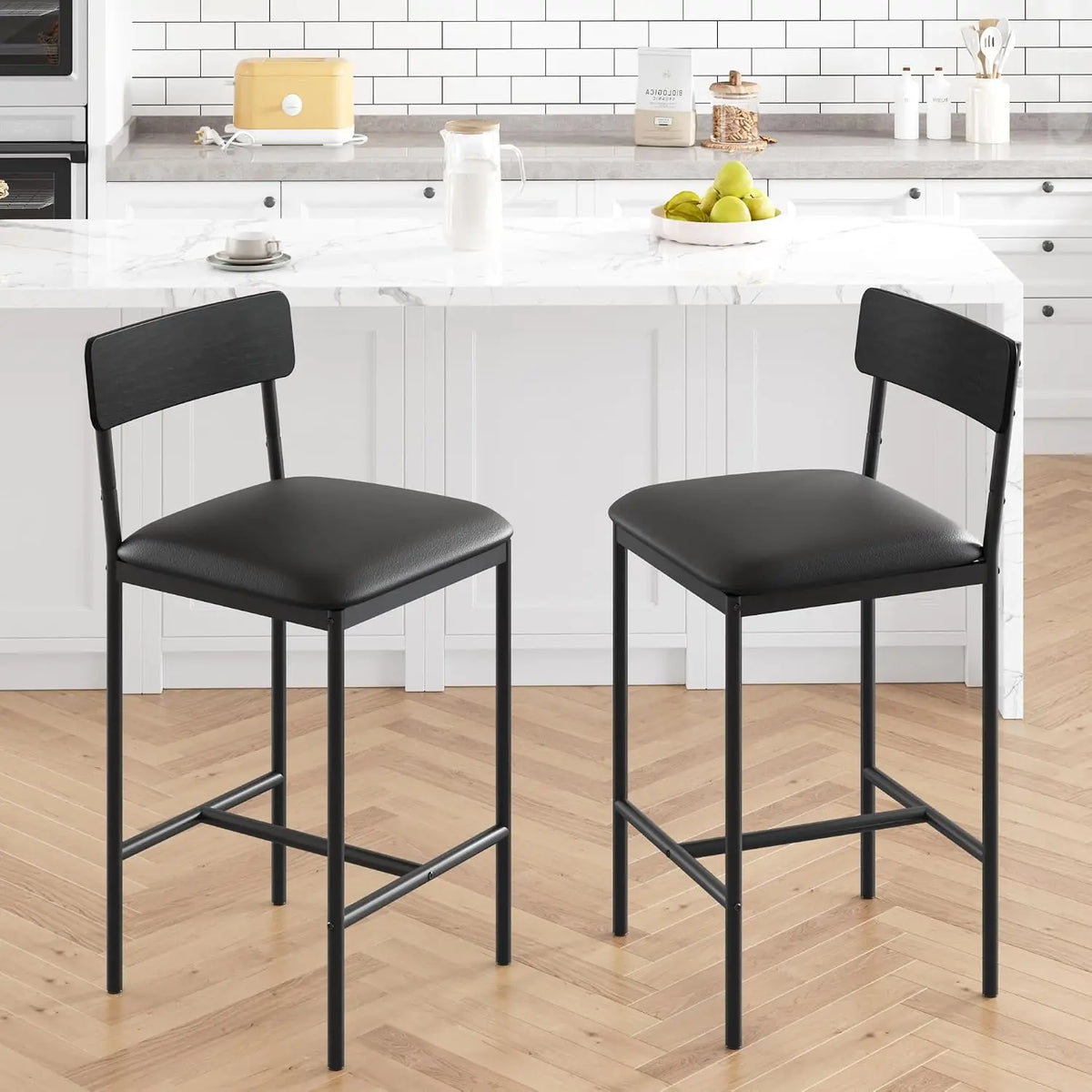 Moderne Rattan Barhocker 2er Set gepolstert – Küchenstuhl mit Fußstütze Metallgestell