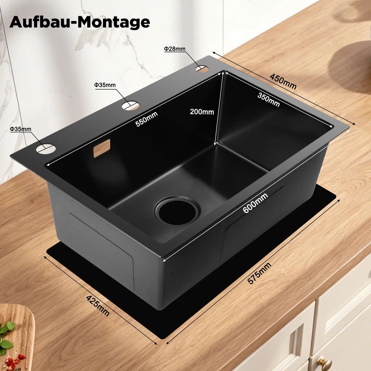 Edelstahl Spülbecken Schwarz 68x45cm mit 3 Lochbohrungen – Einbauspüle Einzelbecken Gebürstet