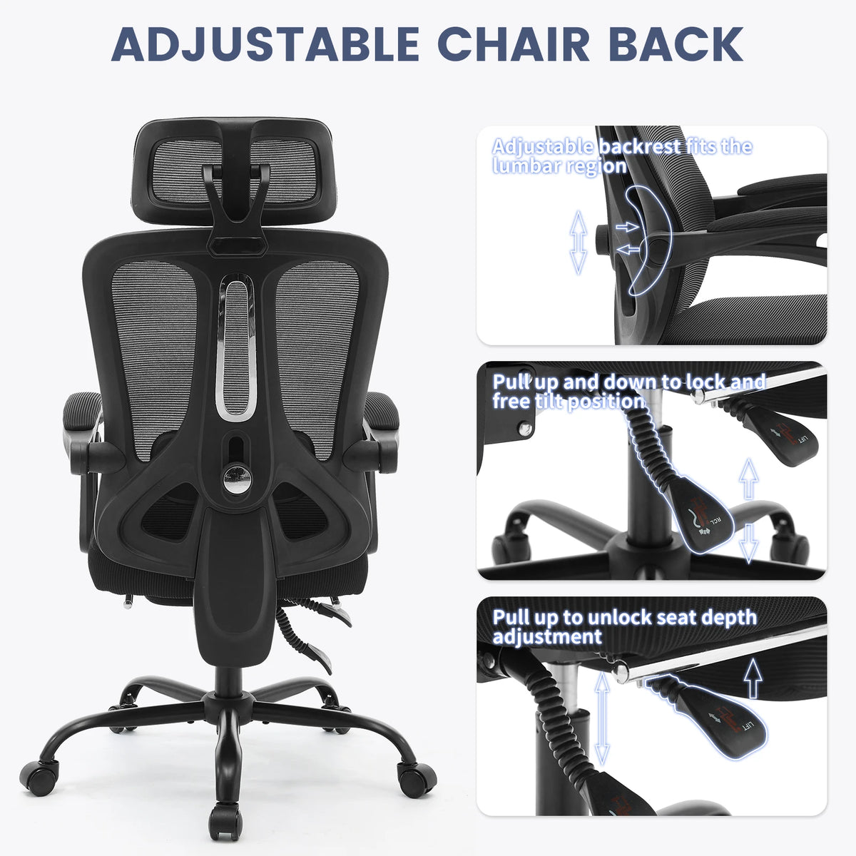 Buerostuhl Ergonomisch Schwarz – Netz Drehstuhl mit Fussstütze, 3D Kopfstütze & Klappbaren Armlehnen bis 150kg