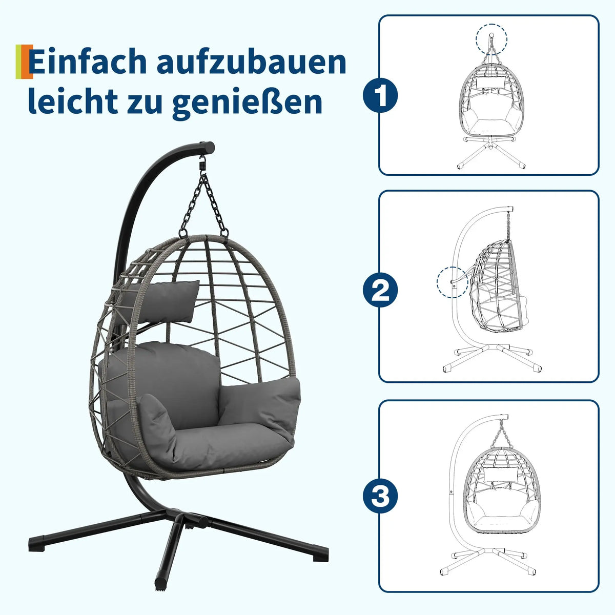 Haengesessel Outdoor Schwarz – Moderner Haengestuhl Ei-Form mit Gestell, Kissen & Schutzhuelle bis 130kg