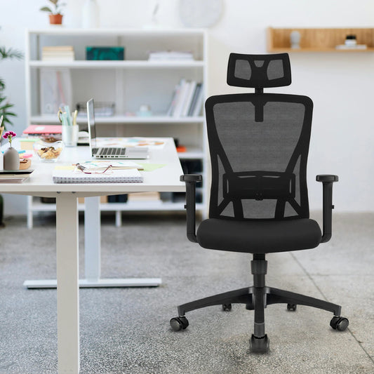 Buerostuhl Ergonomisch Schwarz – Verstellbarer Netz Drehstuhl mit Armlehnen, Kopfstuetze & Rollen bis 150kg
