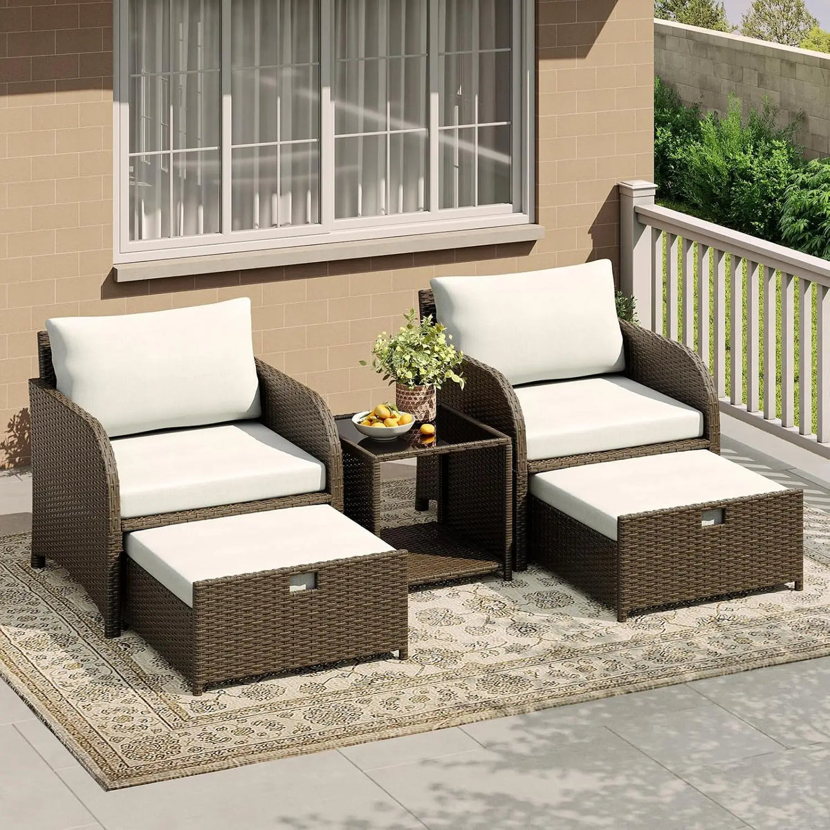 Rattan Gartenmöbel Set 5-teilig mit Glas-Tisch – Wetterfestes Balkonmöbel Lounge Set