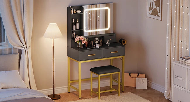 Schminktisch mit LED Beleuchtung Schwarz Gold – Moderner Frisiertisch mit Steckdosen & Spiegel