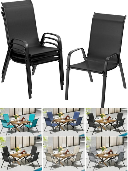 Gartenstuehle 4er Set Schwarz – Moderne Stapelstuehle aus Metall & Teslin fuer Balkon, Terrasse & Garten bis 150kg