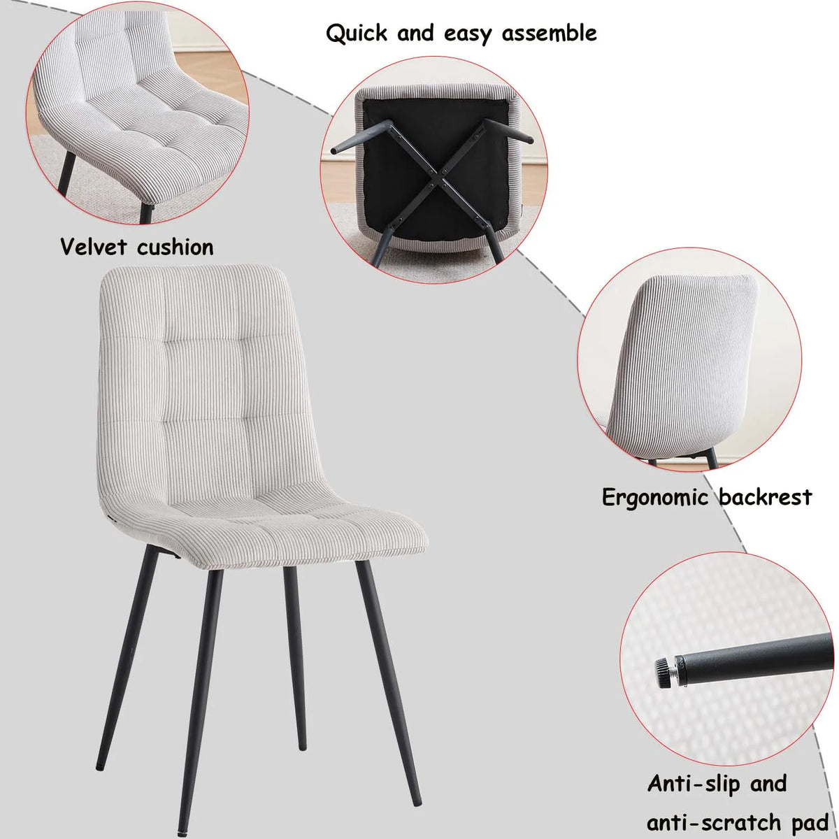Polsterstühle Cord 2er Set Grau – Moderne Esszimmerstühle mit Metallbeinen für Küche & Wohnzimmer